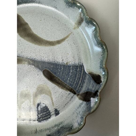 Signed Art Pottery Pie Plate Beautiful Green Gray and Blue Swirl Design Glaze - Picture 6 of 8